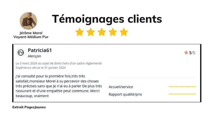 Avis client (Patricia) publié sur Pages Jaunes concernant une consultation de médiumnité avec Jérôme Morel