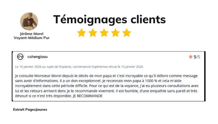 Capture d’écran de l’avis cité (source publique) de consultation de voyance et de médiumnité avec Jérôme Morel 